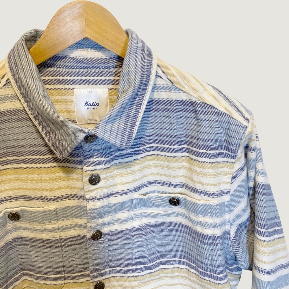 Katin Shirt Jacket Mens Large Blue Striped Excellent Sherpa Lined Flannel Shirt